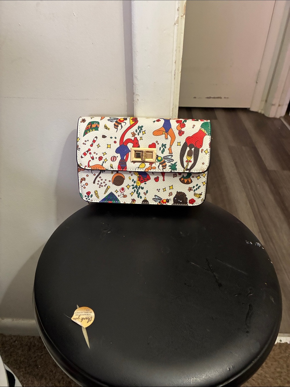 Printed White Crossbody Bag with Multicolor Illustration